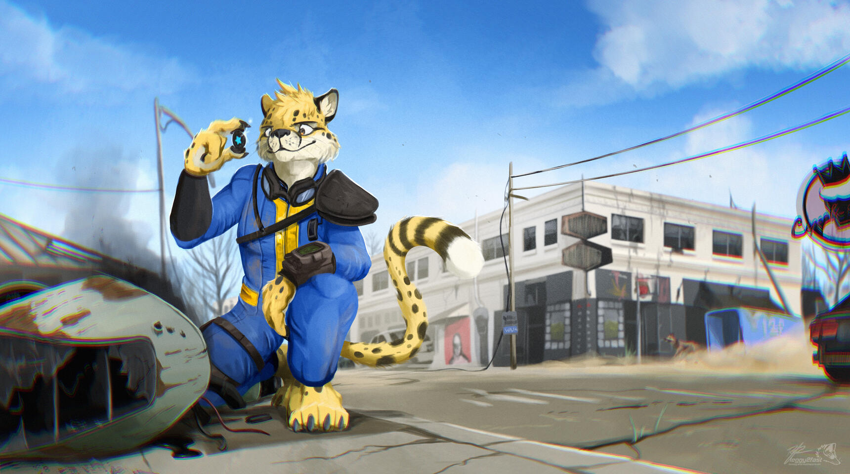 Illustration in the visual style of the Fallout games with CheetahObscura's character dressed as a vault dweller, inspecting a small contraption left in the middle of the street.