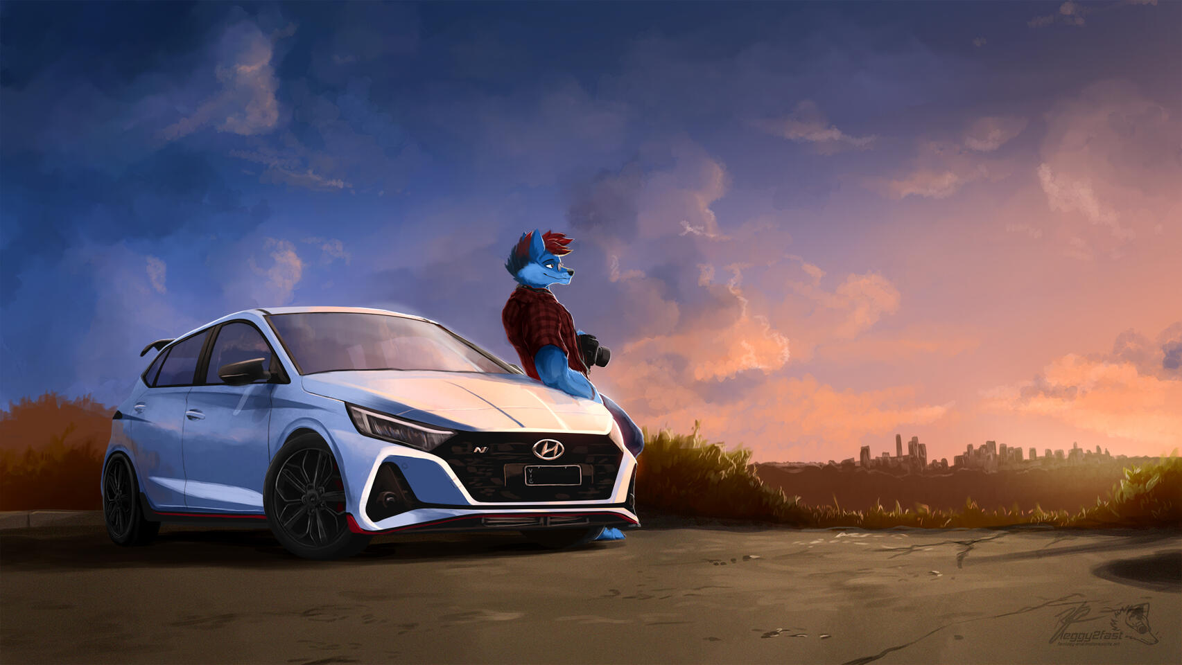 Illustration showing a blue canine character leaning on a white Hyundai while staring at a distant sunset.