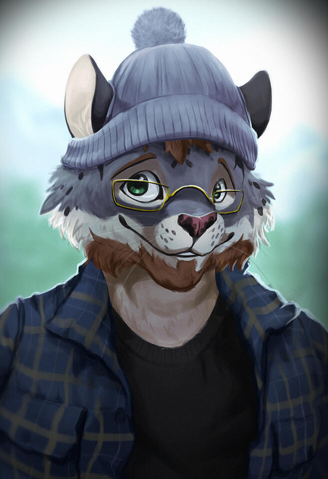 Portrait of a snow leopard character smiling to the viewer.