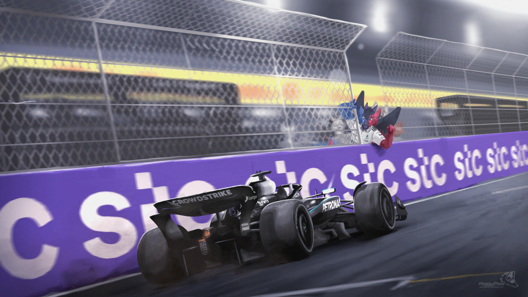 Illustration of a Mercedes car crossing the finish line with an engineer on the pitwall celebrating with them.