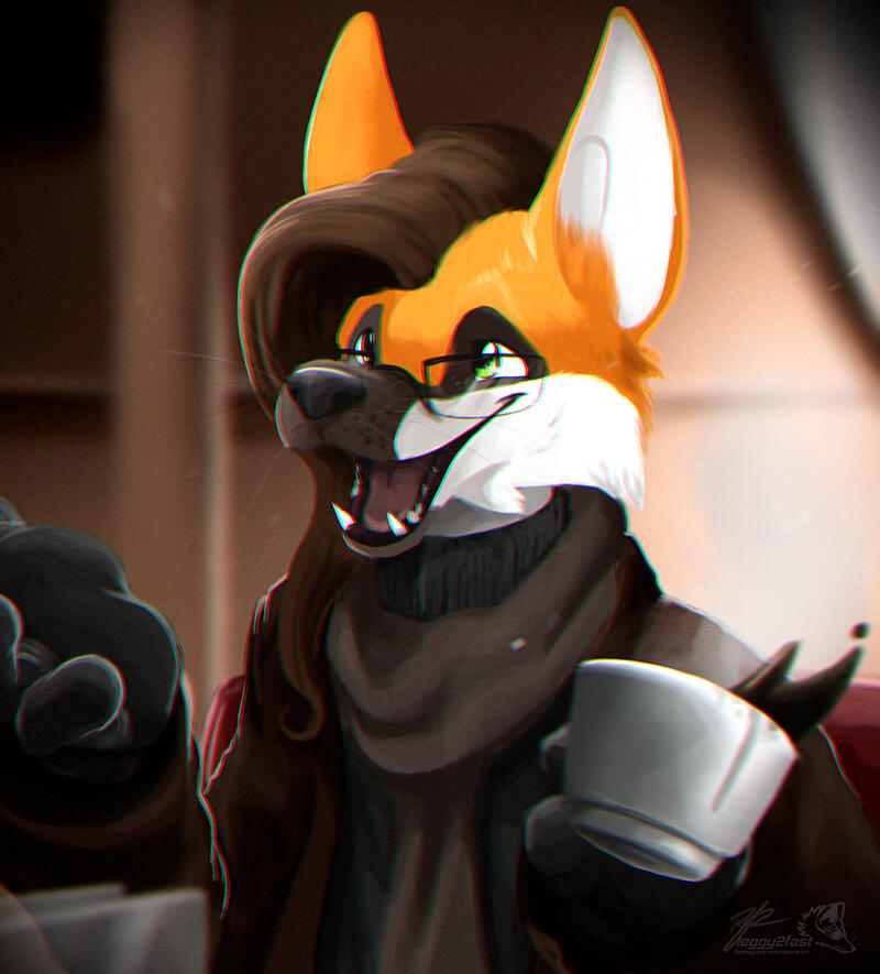 Portrait of a maned wolf character at a coffee shop, talking excitedly while her drink spills from the cup.