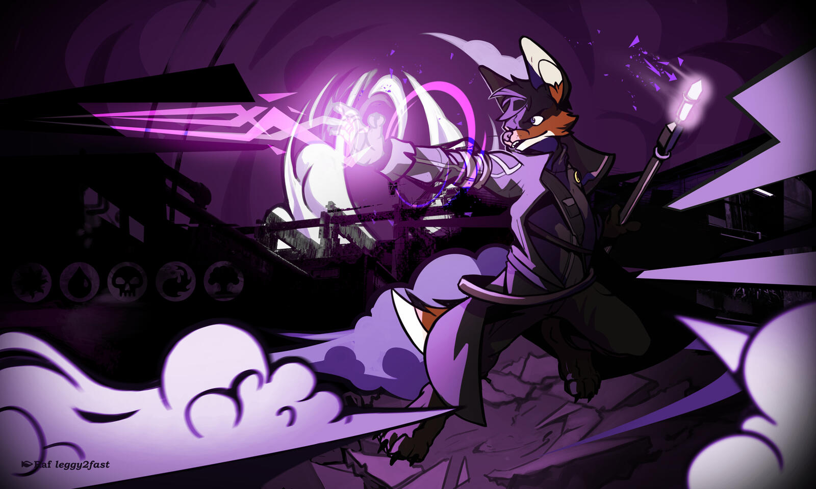 A very purple-tinted illustration oh Phox's character in a modern wizard outfit, shooting magic rays from his hand. The background is a mixture of distorted texture work and toony-looking clouds and shapes.