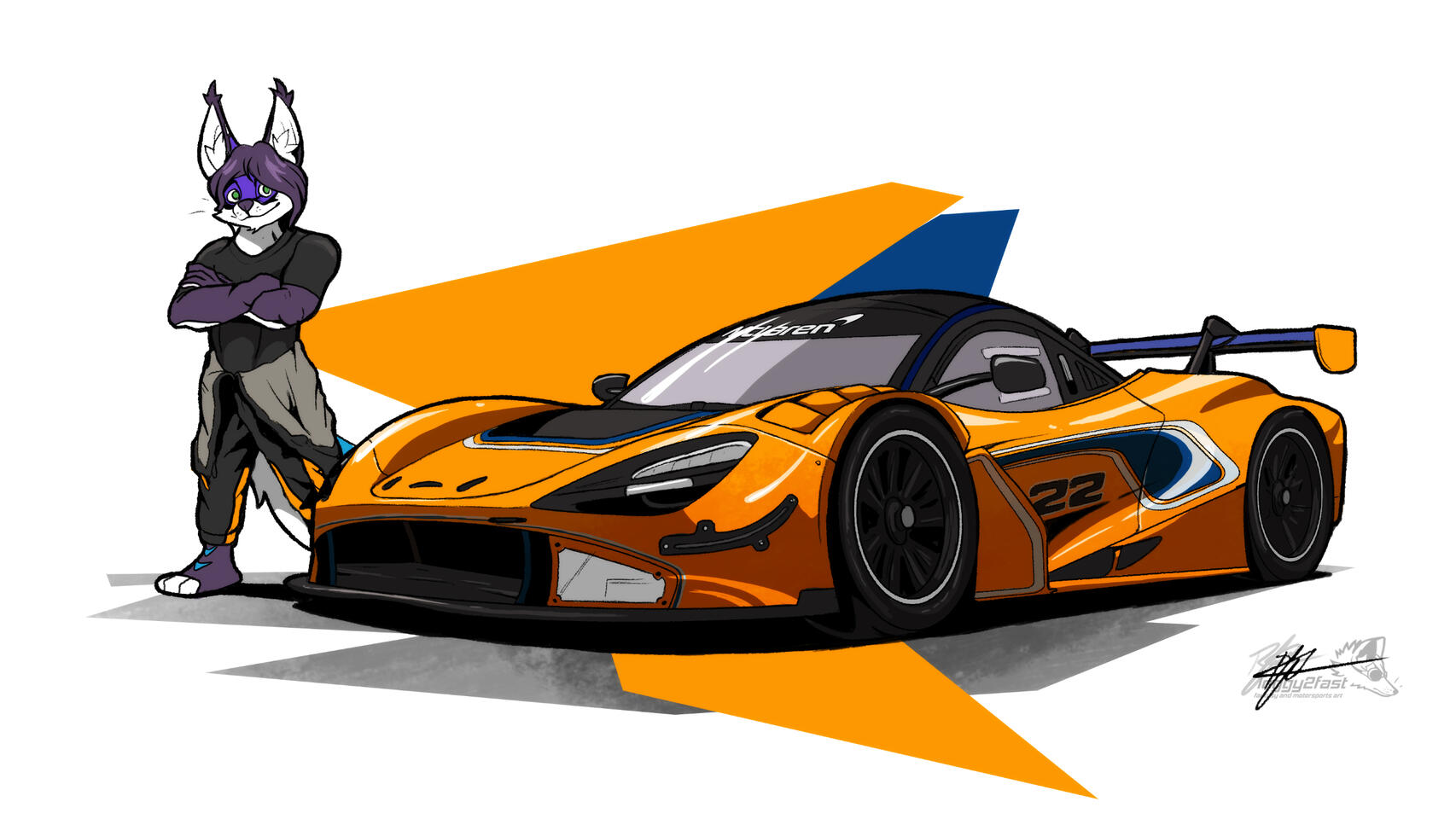 Toony-style illustration of a character wearing an unzipped racing suit and standing by an orange GT3 McLaren 720S.