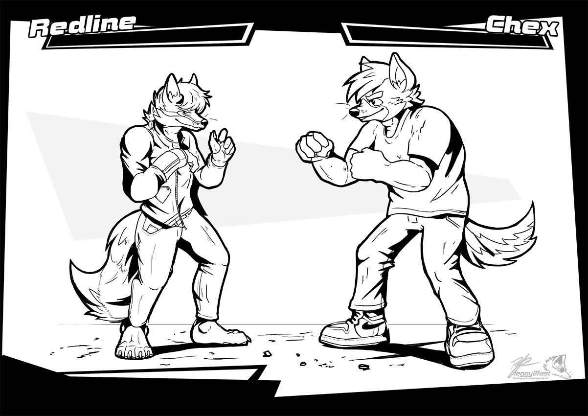 BW sketch in the style of a fighting game showing two characters facing each other in fighting poses.