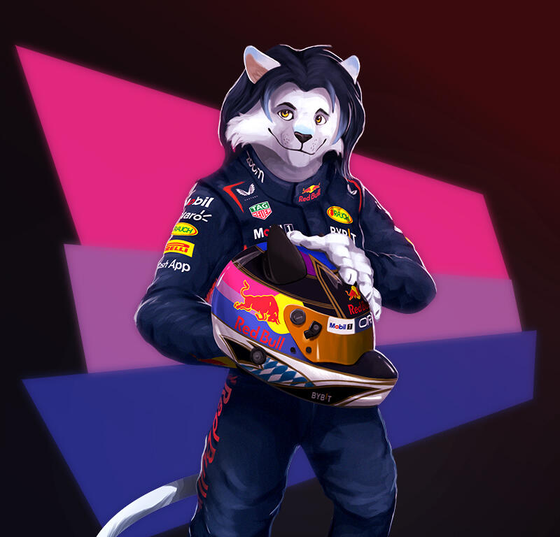 Portrait of a white lion character wearing a Red Bull race suit and holding a helmet in his hands.
