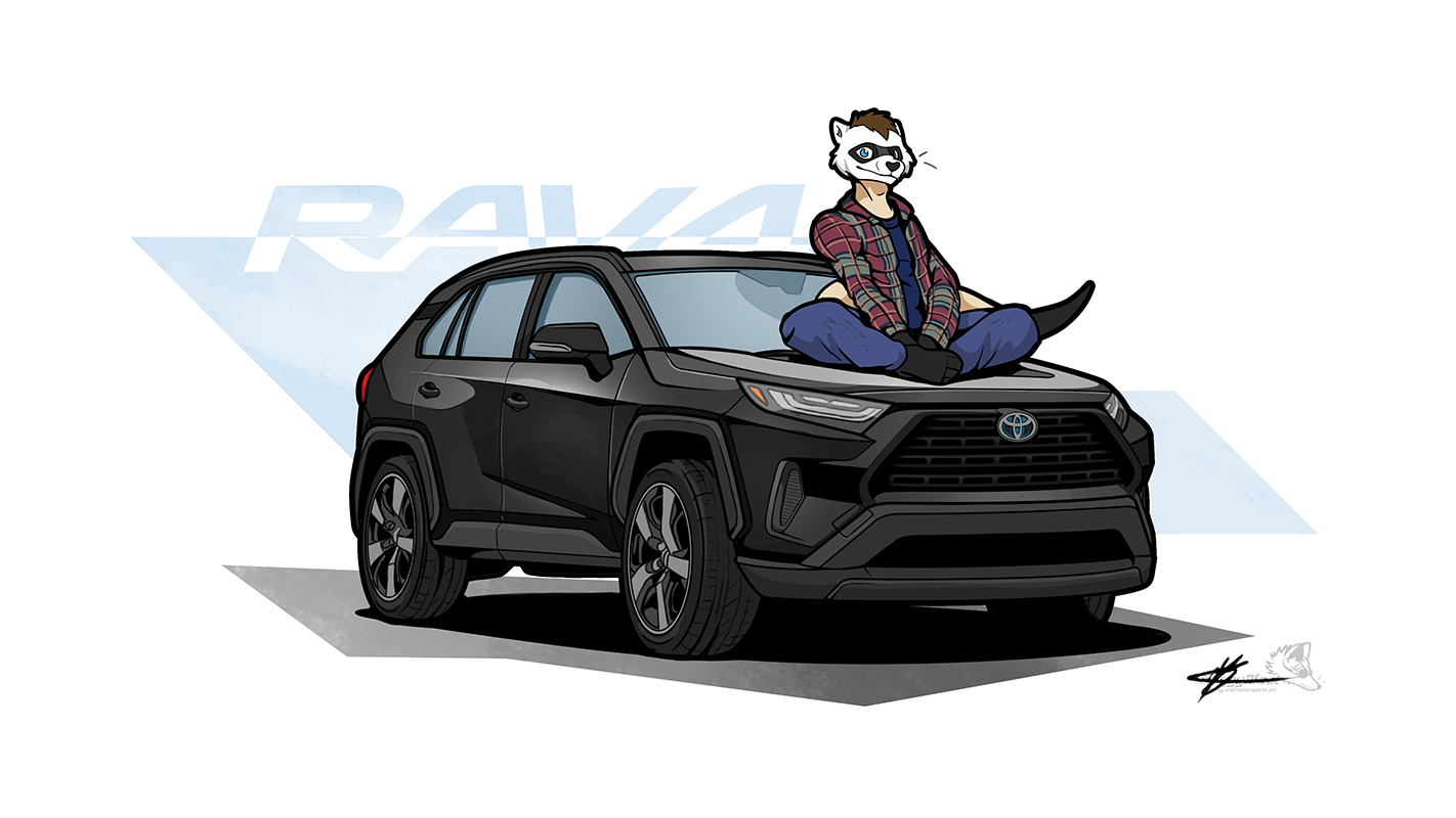 Toony-style car pic of Kelchan's character sitting on the hood of a black Toyota RAV4.