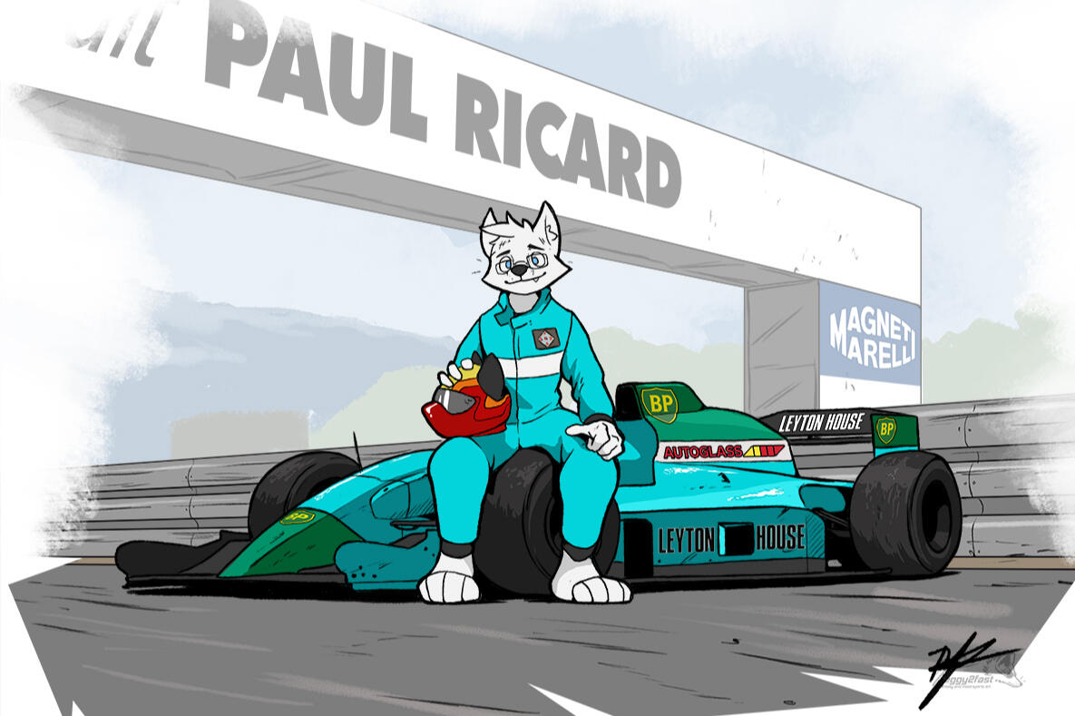 Toony-style picture of a white canine character sitting on a Leyton House/March Formula 1 car with the Paul Ricard circuit in the background.