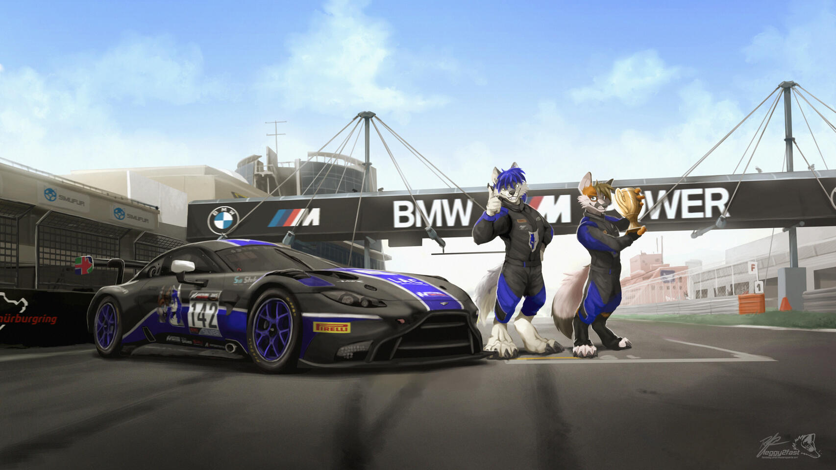 Illustration showing two characters - a wolf and a fox - celebrating victory standing by a GT3 racecar in the start/finish straight of the Nürburgring GP-Strecke.