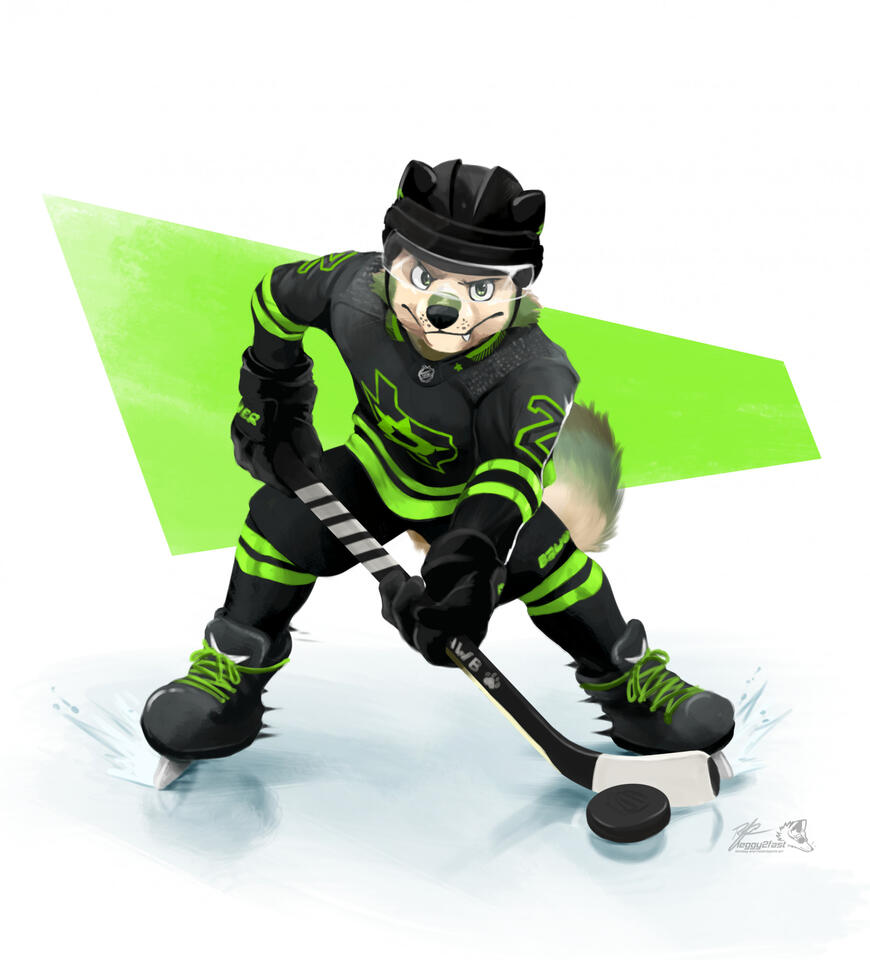 Portrait of Milo's character wearing a Dallas Stars hockey outfit. The character is holding a hockey stick in an action pose.