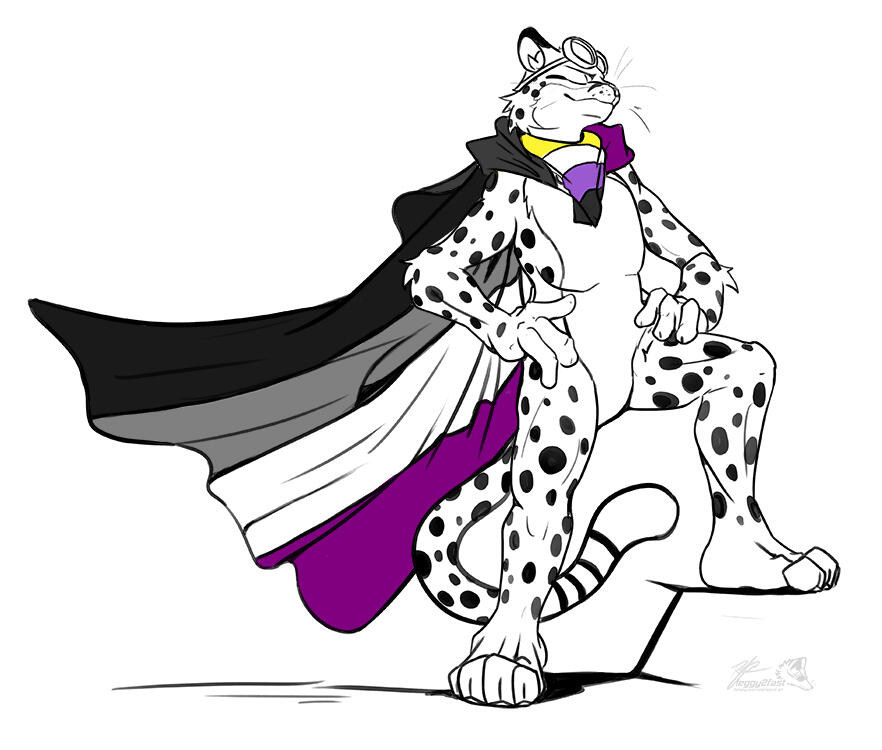 BW sketch of CheetahObscura's character wearing the Ace flag as a cape and a NB flag as a scarf. The character is posing proudly.